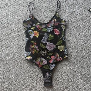 Honey Punch Black Floral Embroidered Mesh Bodysuit